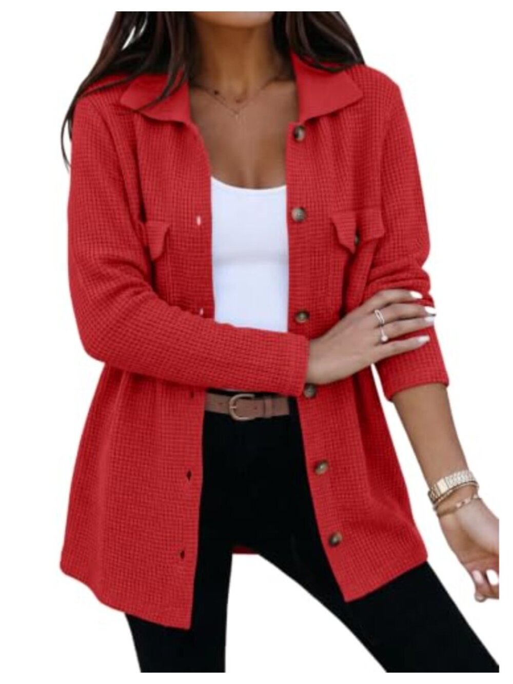 Waffle Knit Cardigan Shacket Loose Fit V-Neck Button Down Women's Sweater